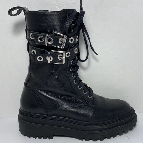 ZARA Black Leather Combat Boots Double Buckle Grommet Lace Up Lug Sole Size 7.5 - Picture 9 of 16